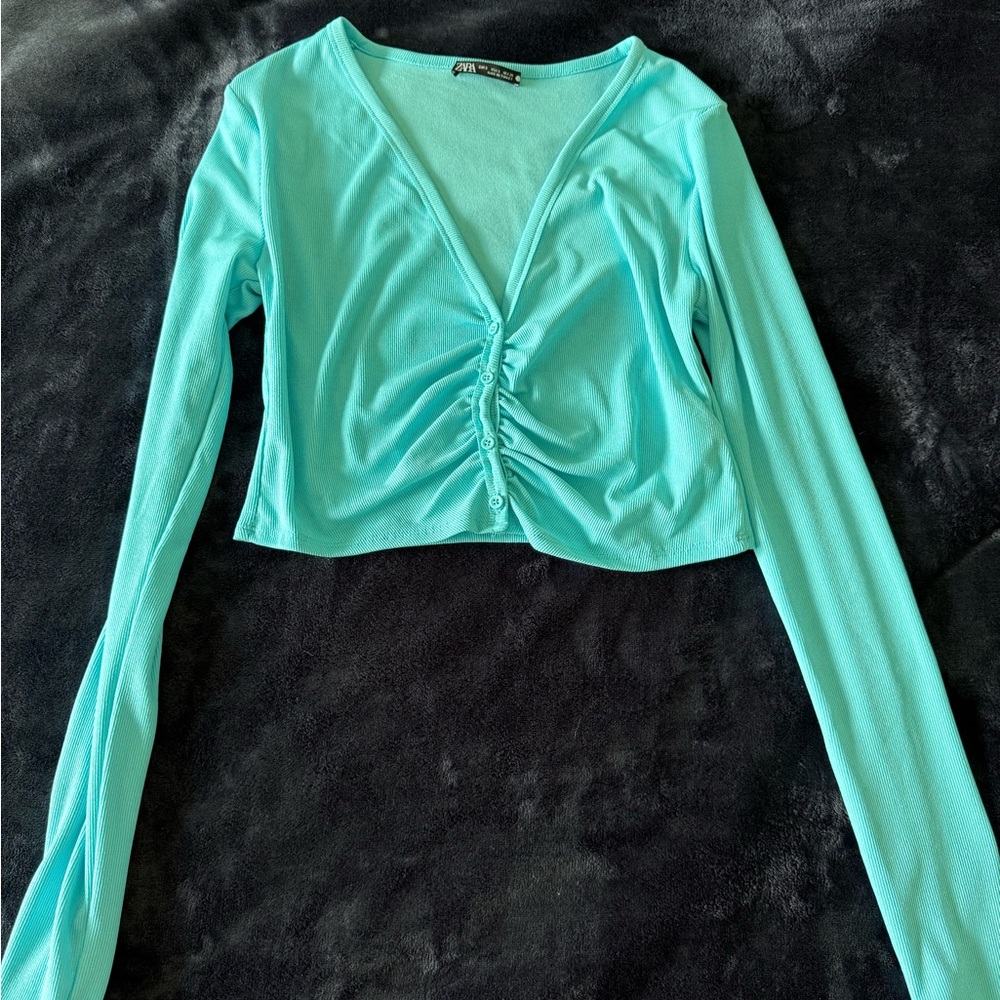 Zara Green Long Sleeve Ruched Crop Blouse